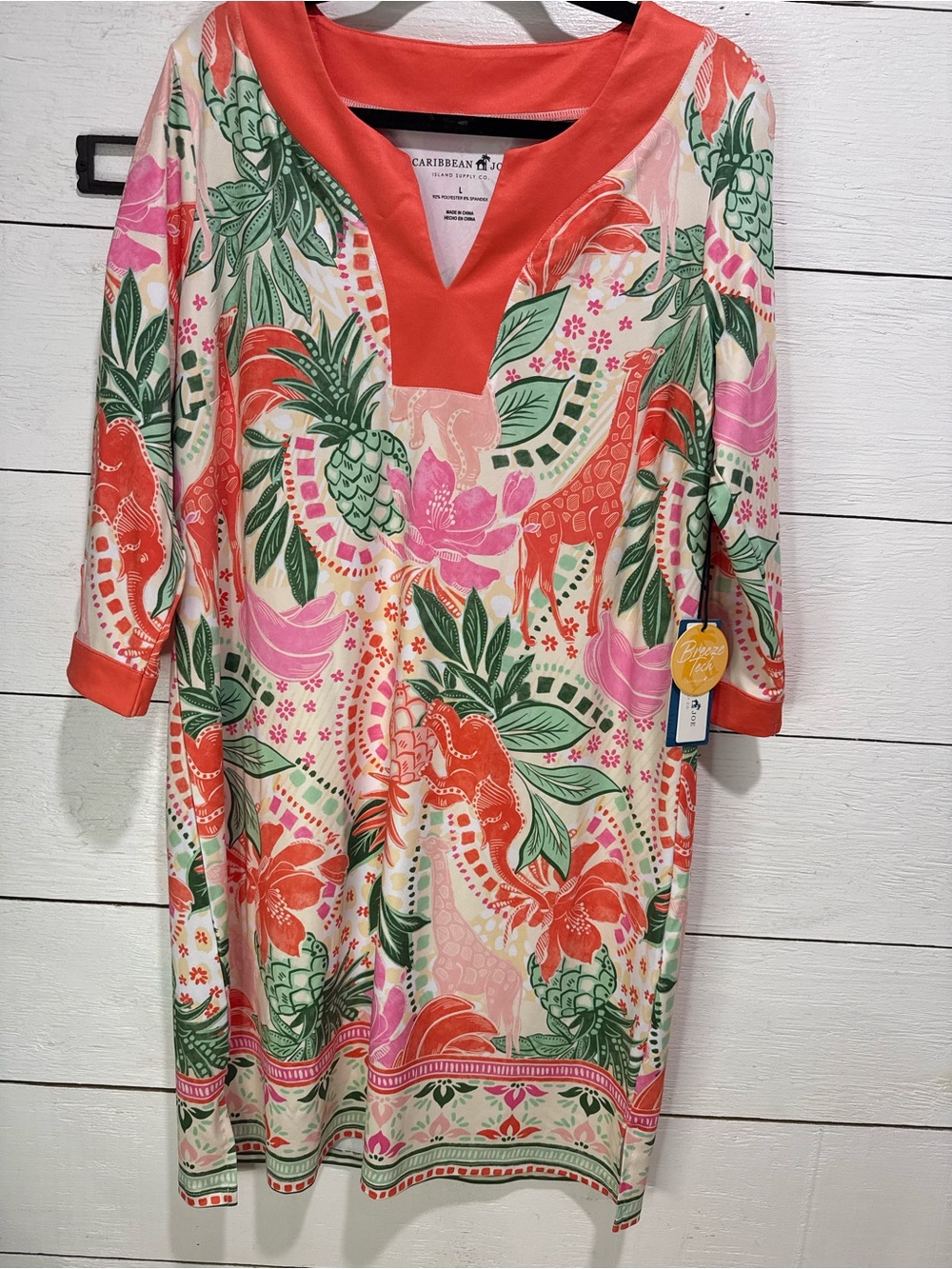 Caribbean Joe, NWT, stretchy 3/4'' sleeve, V-neck Sheath Dress Large Lightweight